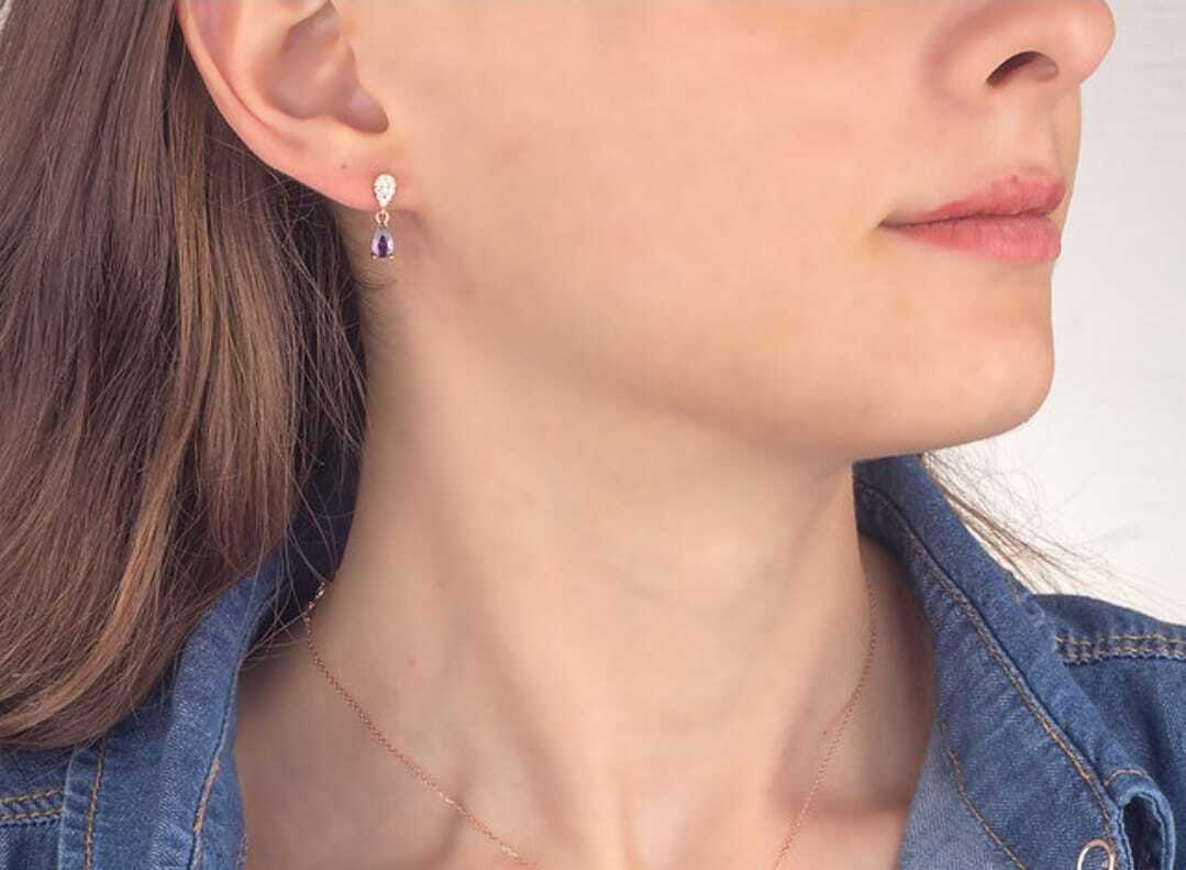 Amethyst Tropfen Ohrringe – 925 Sterlingsilber, Handgemacht, Rosevergoldet, Perfektes Geschenk - Ermus Gold