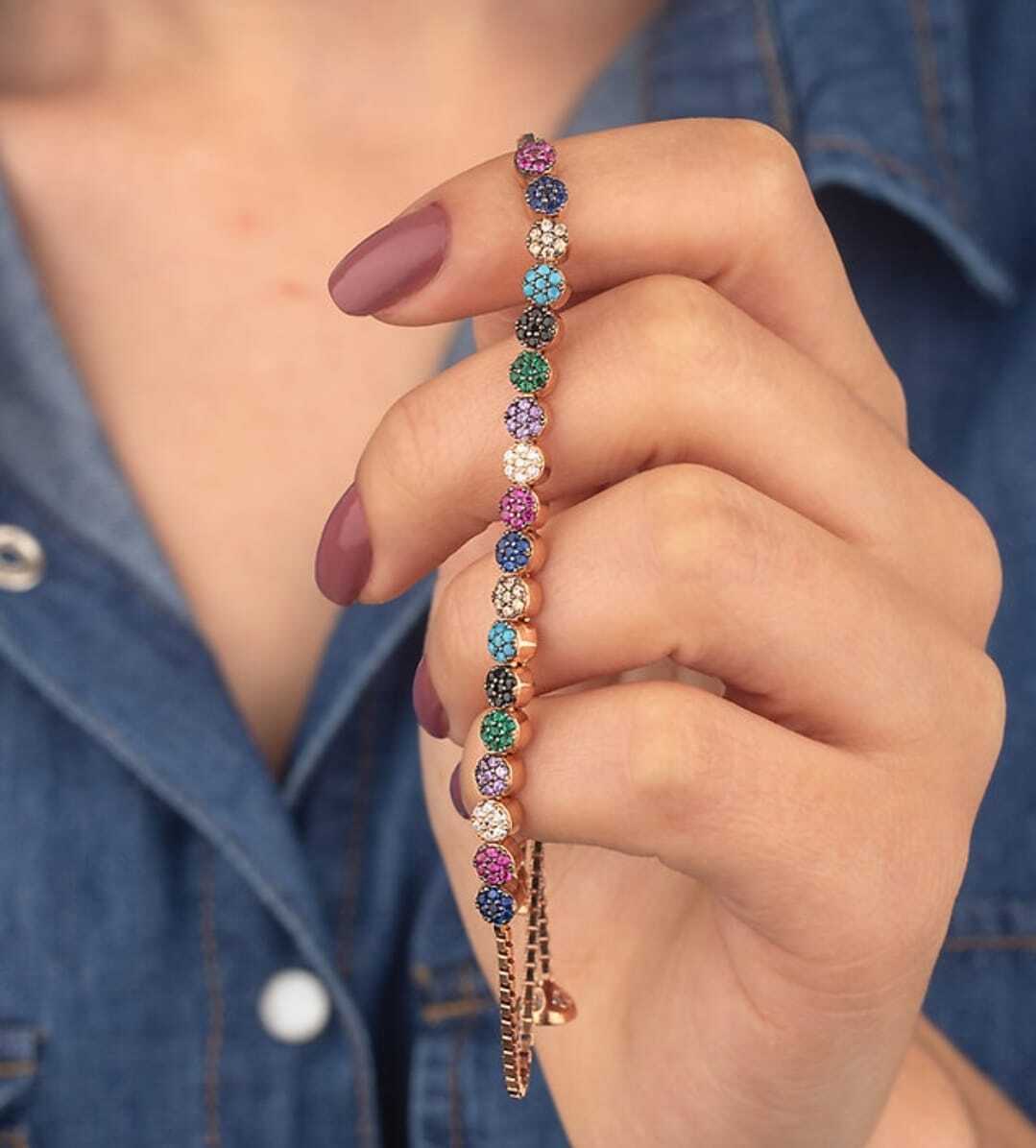 Ermus Gold - Armband Damen Stein mischen Aufzug, 925 Sterlingsilber, Rose Vergoldet, Handgemacht - Ermus Gold