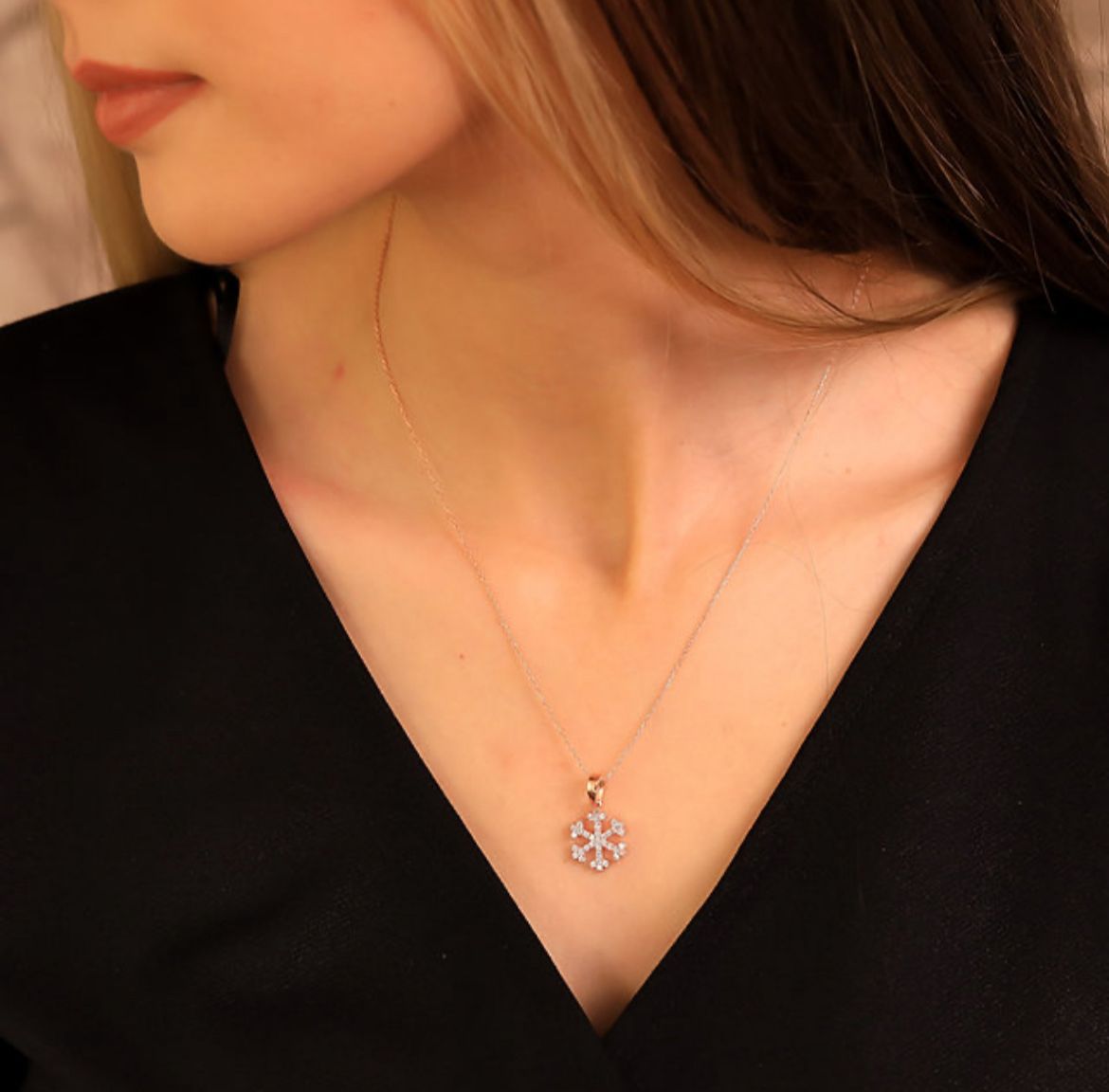 Ermus Gold – 925 Sterling Silber Mini Schneeflocke Halskette, Rose Vergoldet, Handgemacht - Ermus Gold