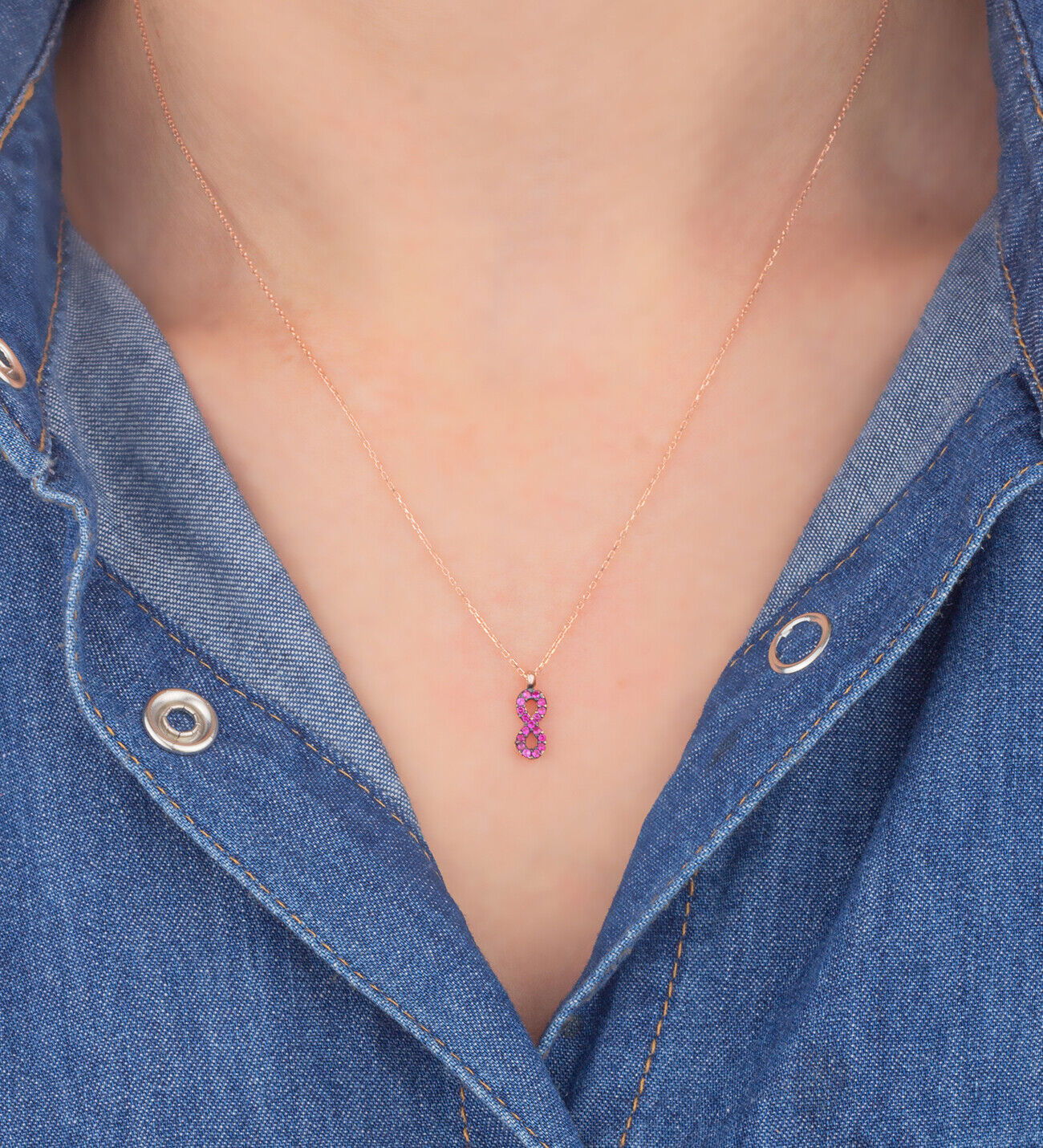 Ermus Gold – Rosa Stein Infinity Halskette aus 925 Sterling Silber, Handgemachter Schmuck - Ermus Gold