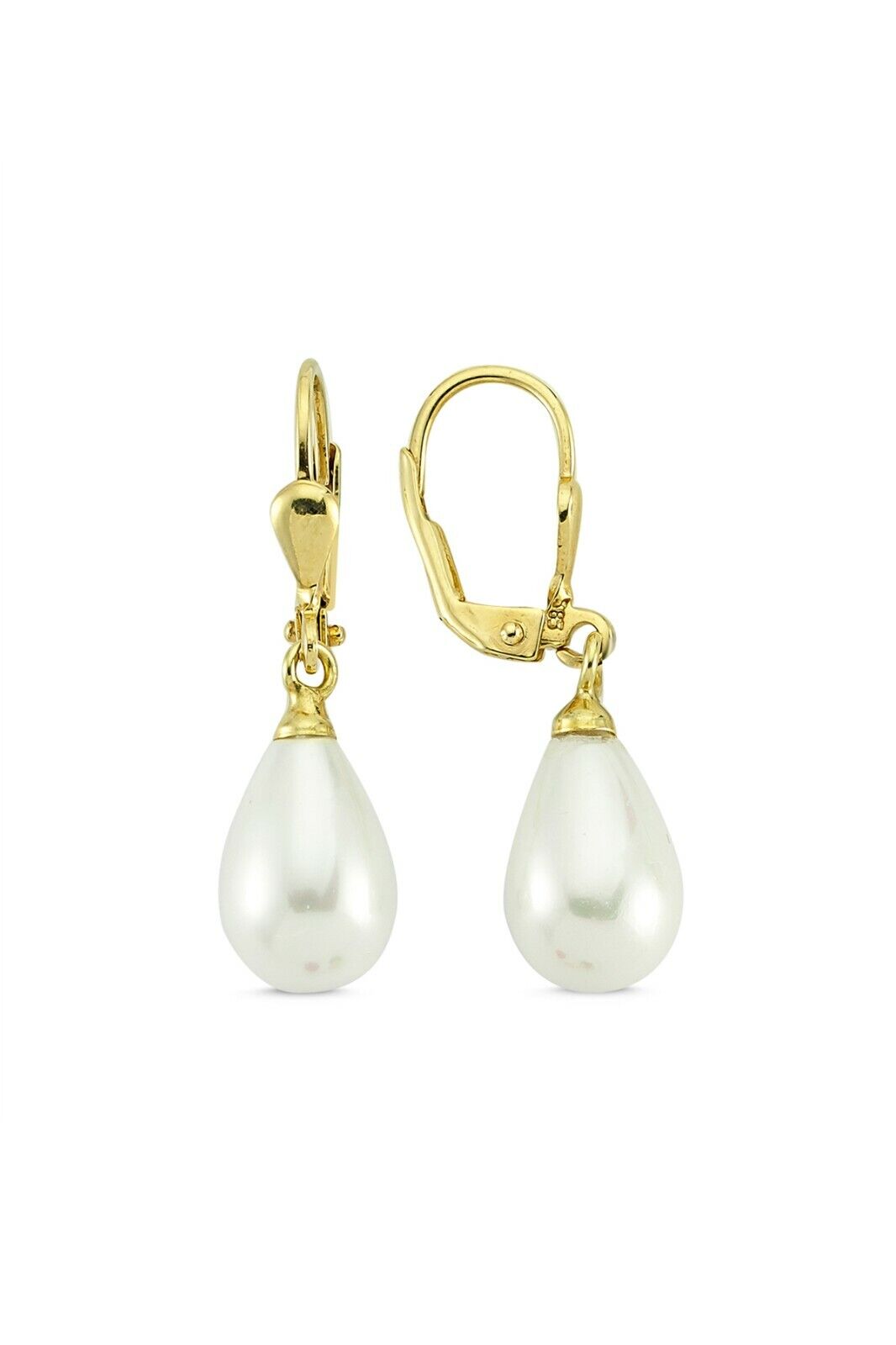 Ermus Gold - Damen Ohrringe mit Weißen Tropfenperlen, 14K 585 Gelbgold, Elegantes Design - Ermus Gold