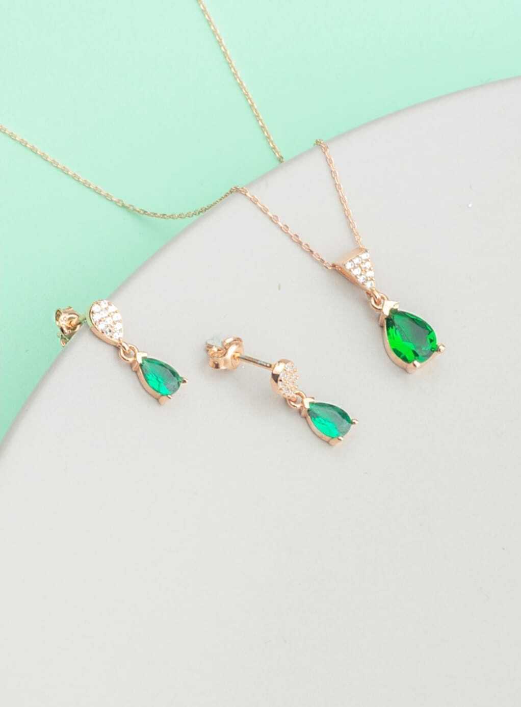 Ermus Gold – Smaragd Tropfen Halskette & Ohrringe Set 925 Sterlingsilber, Rose Vergoldet - Ermus Gold