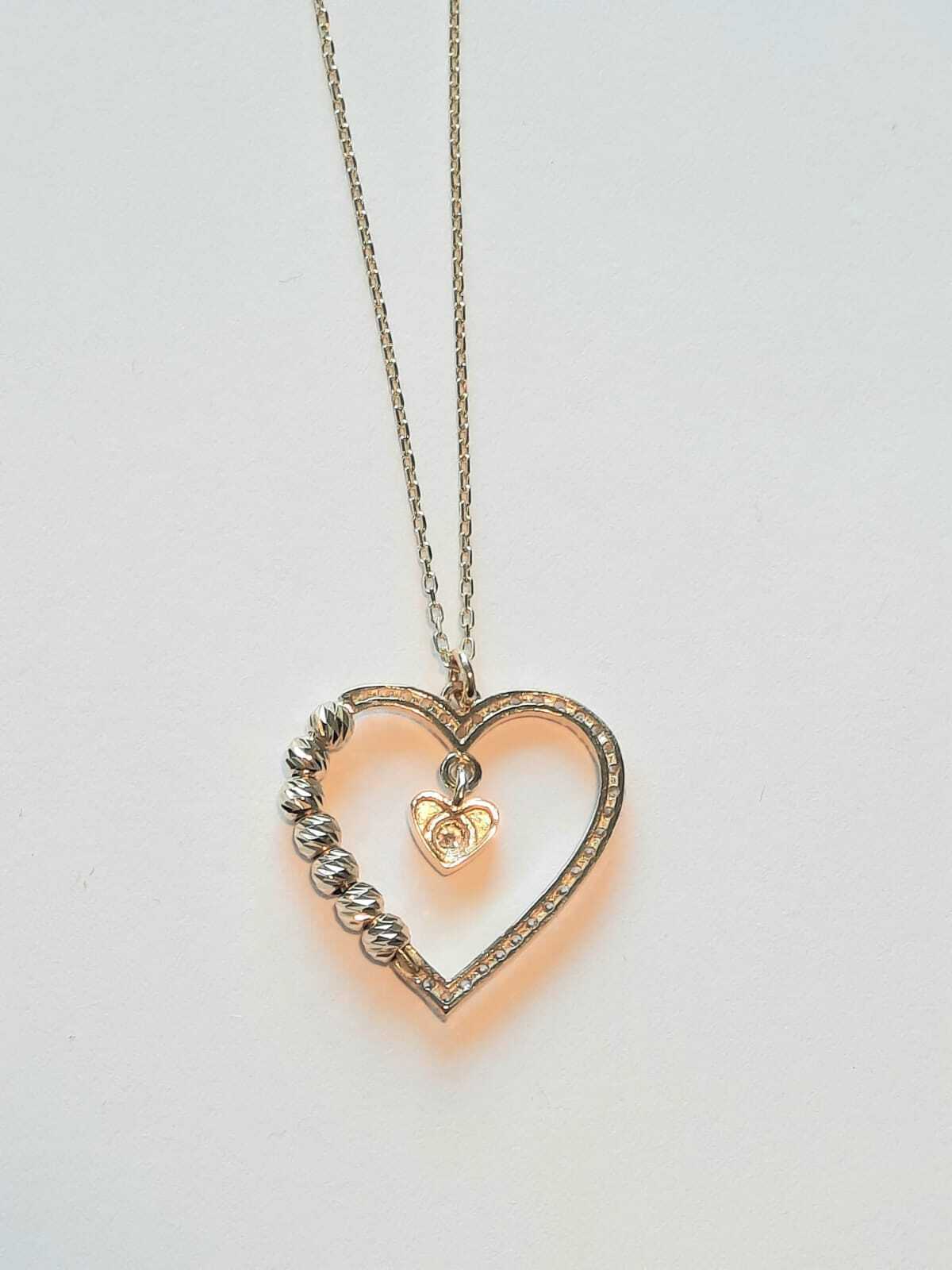 Halskette Damen Herz im Herzen, 14 Karat Gold, Zirkon, 42 cm - Ermus Gold