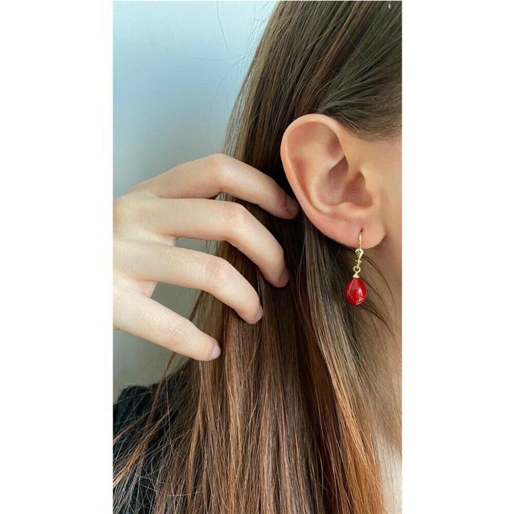 Ohrringe Damen Korallenrote Tropfen Perlen, 14K Goldohrringe, Zertifiziert und Handgefertigt - Ermus Gold