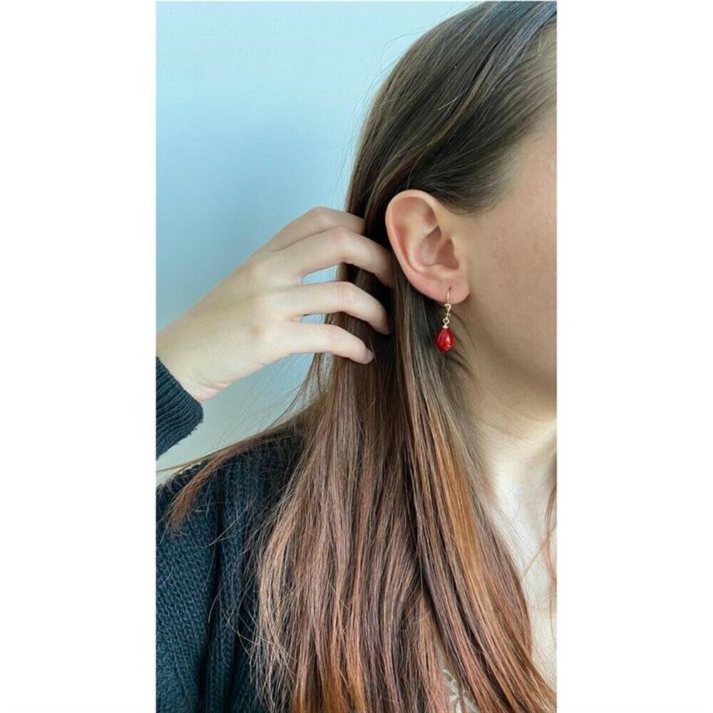 Ohrringe Damen Korallenrote Tropfen Perlen, 14K Goldohrringe, Zertifiziert und Handgefertigt - Ermus Gold