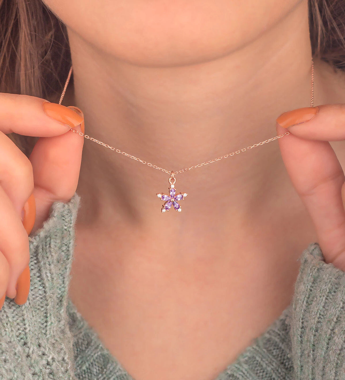 Amethyst Stein Narzisse Blume Halskette aus 925 Sterling Silber ER0616Handgemact